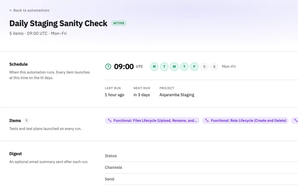 An automation: a daily scheduled run with the tests it launches.