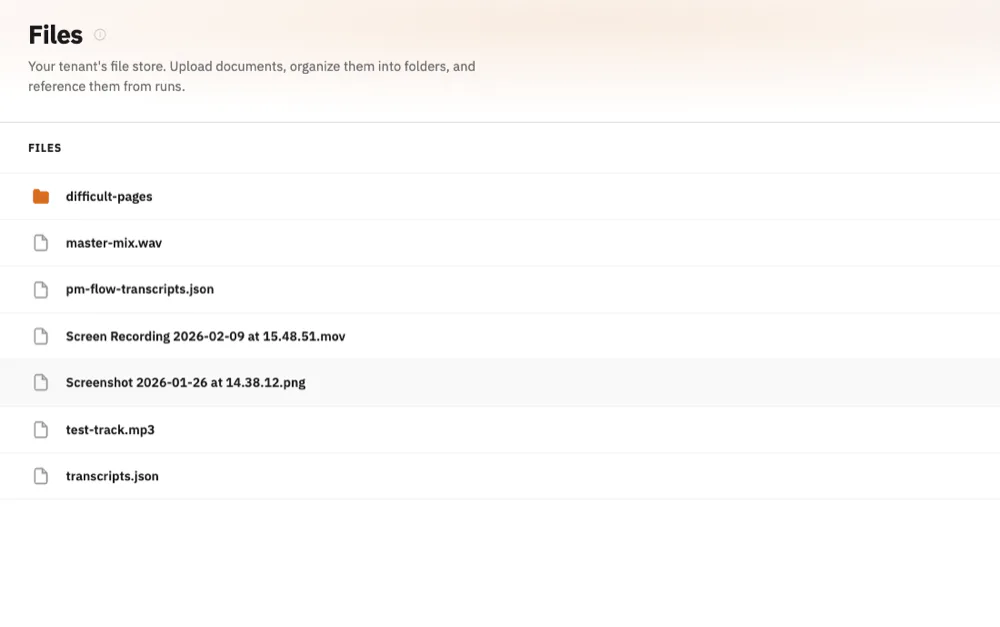 The Files view: a tenant's file store with folders and uploaded test fixtures.