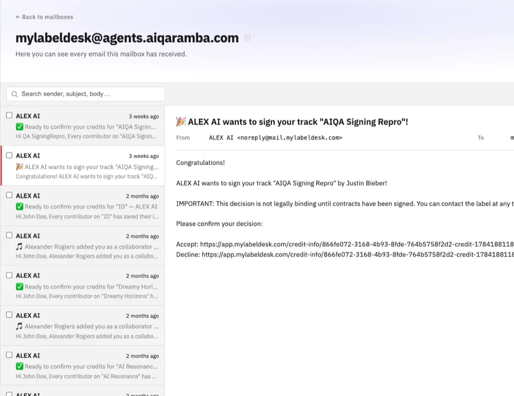 A mailbox in Aiqaramba: received emails for an agent's dedicated address, with one opened.