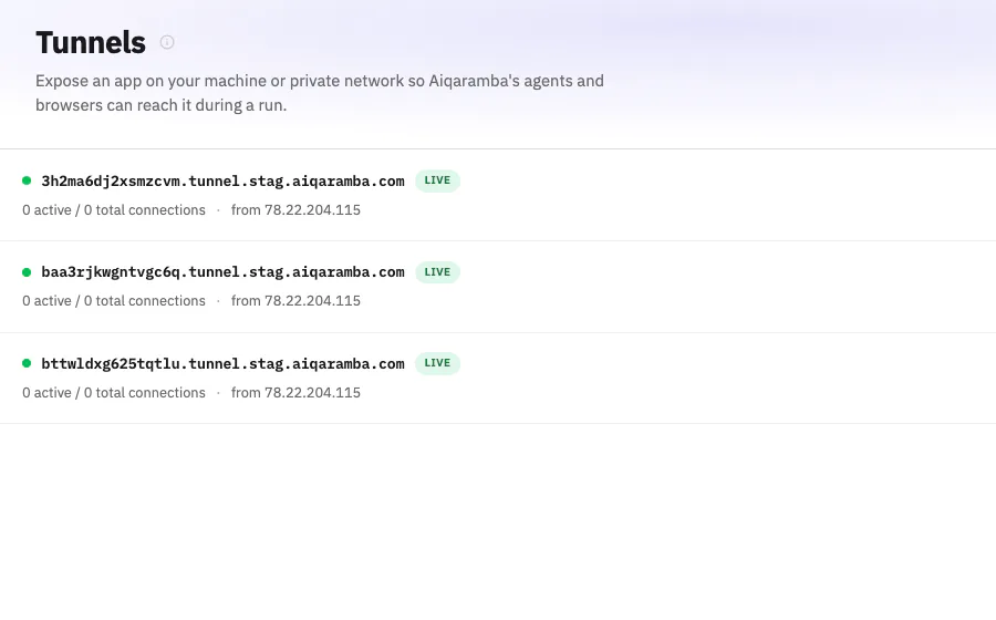 Tunnels: live tunnel endpoints exposing local applications to the agents.